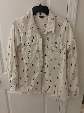 Eddie Bauer White Button-Down Shirt with Ski Motif
